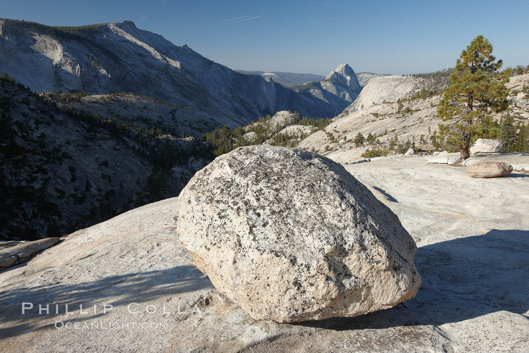 Glacial erratic boulder atop Olmsted Point, with the massive granite monoliths Half Dome and Clouds Rest in the background. Erratics are huge boulders left behind by the passing of glaciers which carved the granite surroundings into their present-day form.  When the glaciers melt, any boulders and other geologic material that it was carrying are left in place, sometimes many miles from their original location. Yosemite National Park, California, USA, natural history stock photograph, photo id 23280