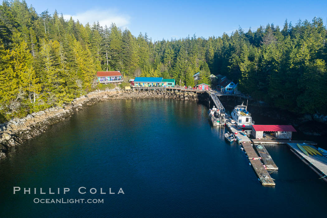 Gods Pocket Resort, on Hurst Island, part of Gods Pocket Provincial Park, aerial photo. British Columbia, Canada, natural history stock photograph, photo id 34480