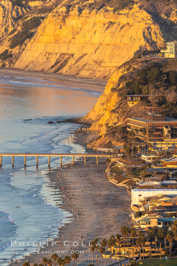 La Jolla Shores Coastline and Scripps Pier, Blacks Beach and Torrey Pines, aerial photo, sunset