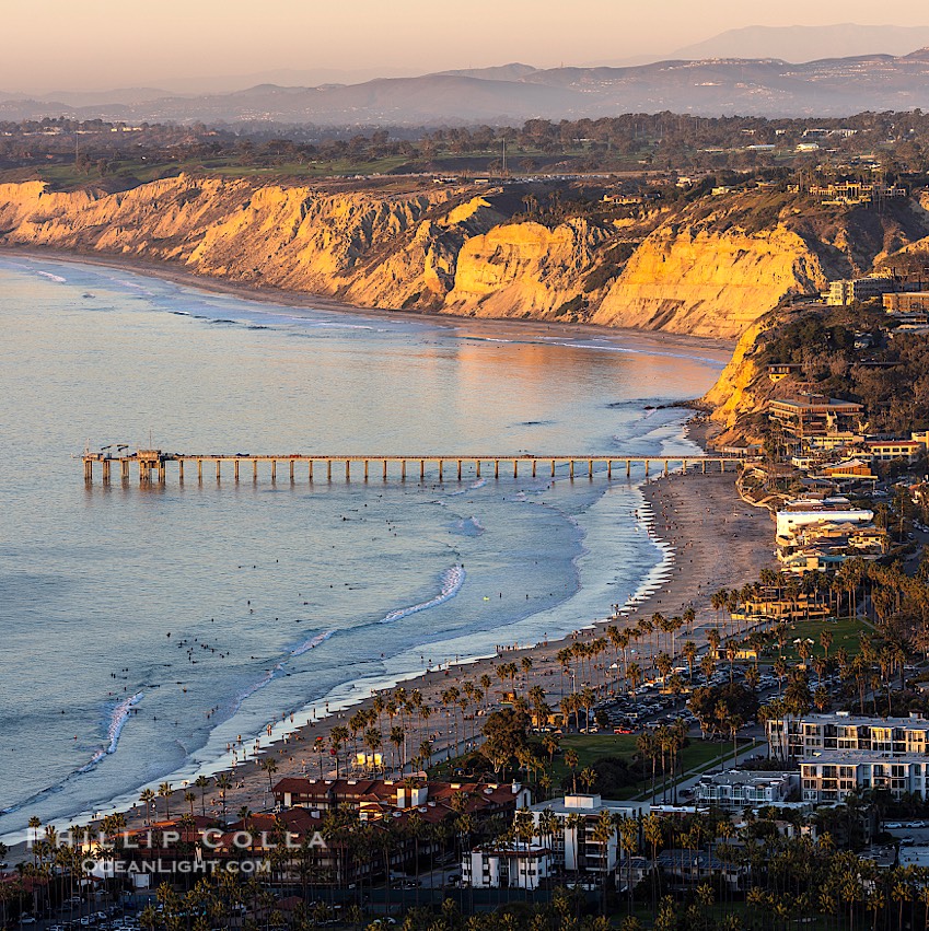 La Jolla Shores Coastline and Scripps Pier, Blacks Beach and Torrey Pines, aerial photo, sunset., natural history stock photograph, photo id 37487
