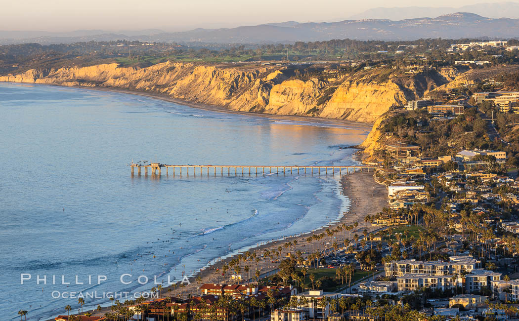 La Jolla Shores Coastline and Scripps Pier, Blacks Beach and Torrey Pines, aerial photo, sunset. California, USA, natural history stock photograph, photo id 37485