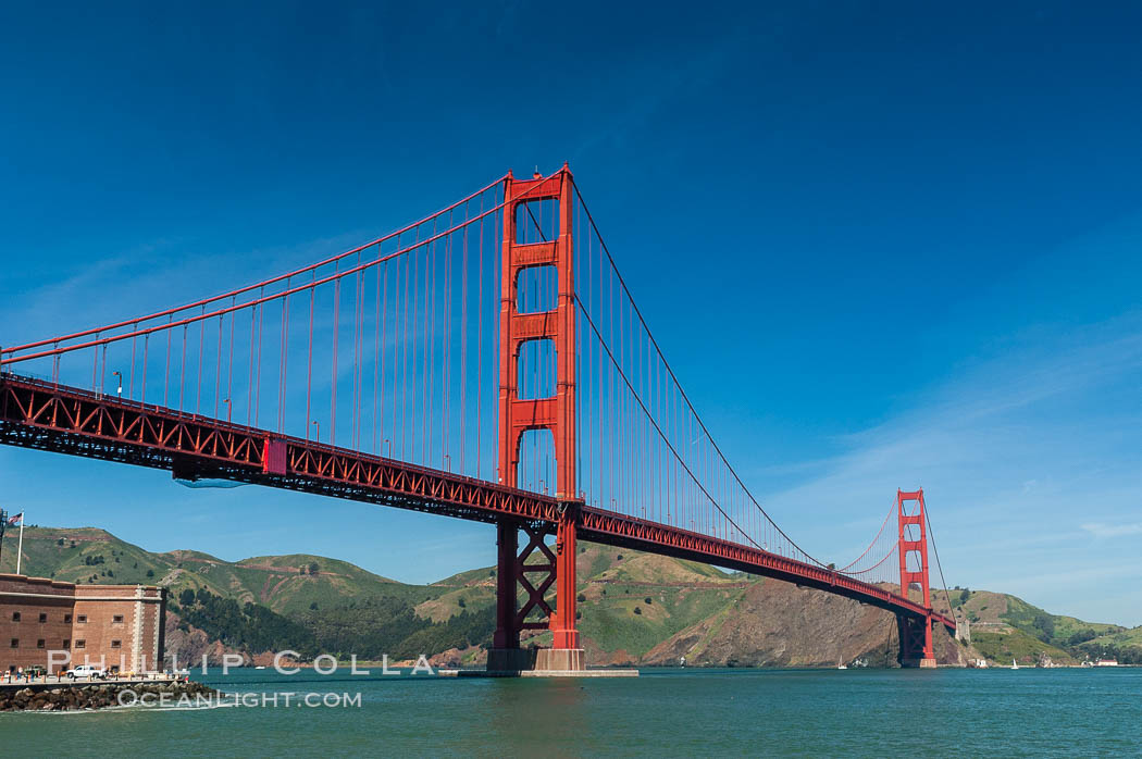 Golden Gate Bridge, viewed from Fort Point, with the Marin Headlands visible in the distance.  San Francisco. California, USA, natural history stock photograph, photo id 09058