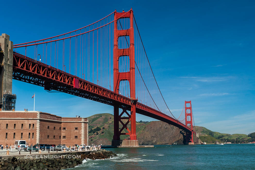 Golden Gate Bridge, viewed from Fort Point, with the Marin Headlands visible in the distance.  San Francisco. California, USA, natural history stock photograph, photo id 09052