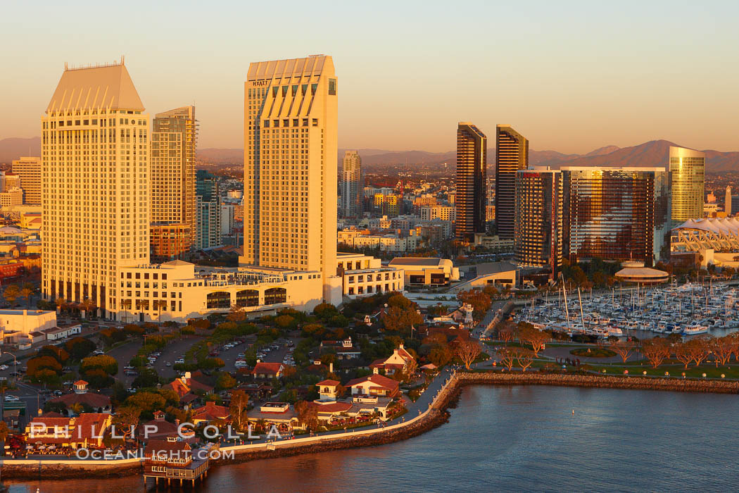 Grand Hyatt hotel towers, above Seaport Village and San Diego Bay. California, USA, natural history stock photograph, photo id 22339