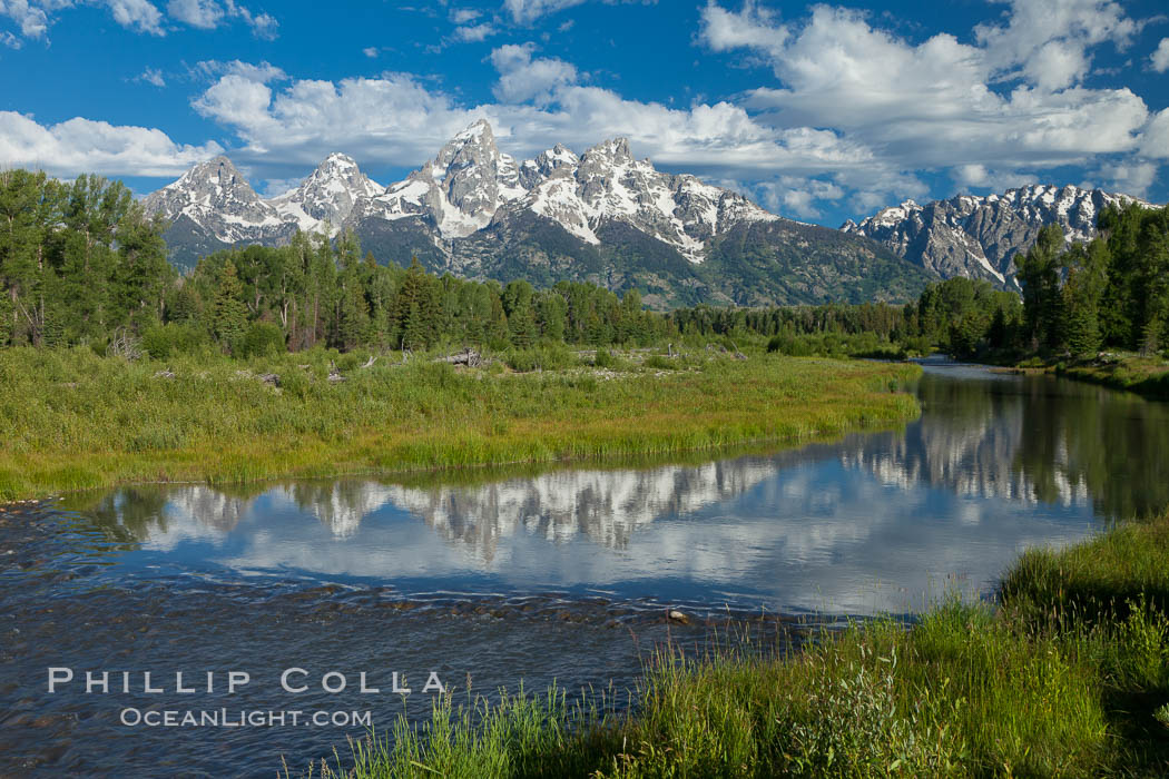 The Grand Tetons, reflected in the glassy waters of the Snake River at Schwabacher Landing, on a beautiful summer morning. Grand Teton National Park, Wyoming, USA, natural history stock photograph, photo id 26934