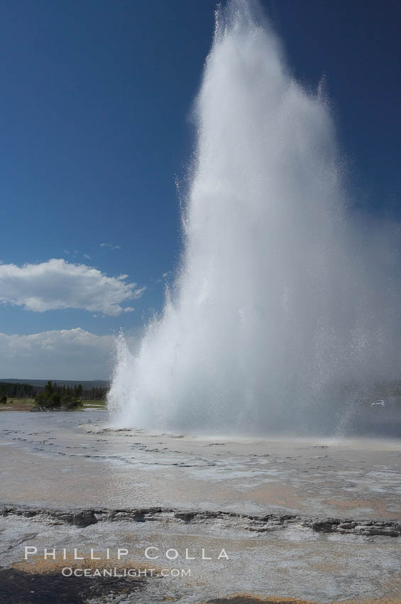 Great Fountain Geyser erupting.  Great Fountain Geyser, a fountain-type geyser, can reach heights of 200 feet, one of the largest geysers in the world.  It has a large vent (16 feet across) situated amid wide sinter terraces that act as reflecting pools as the geyser slows fills prior to its eruption.  Its interval and duration vary widely.  It typically erupts in a series of bursts, each separately by a few minutes.  Firehole Lake Drive. Lower Geyser Basin, Yellowstone National Park, Wyoming, USA, natural history stock photograph, photo id 13559