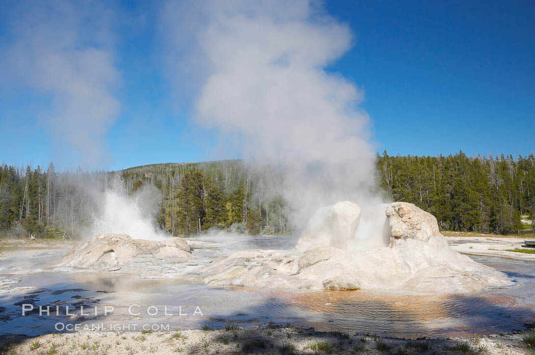 Grotto Geyser steams (right) while Rocket Geyser erupts (left).  Upper Geyser Basin. Yellowstone National Park, Wyoming, USA, natural history stock photograph, photo id 13399