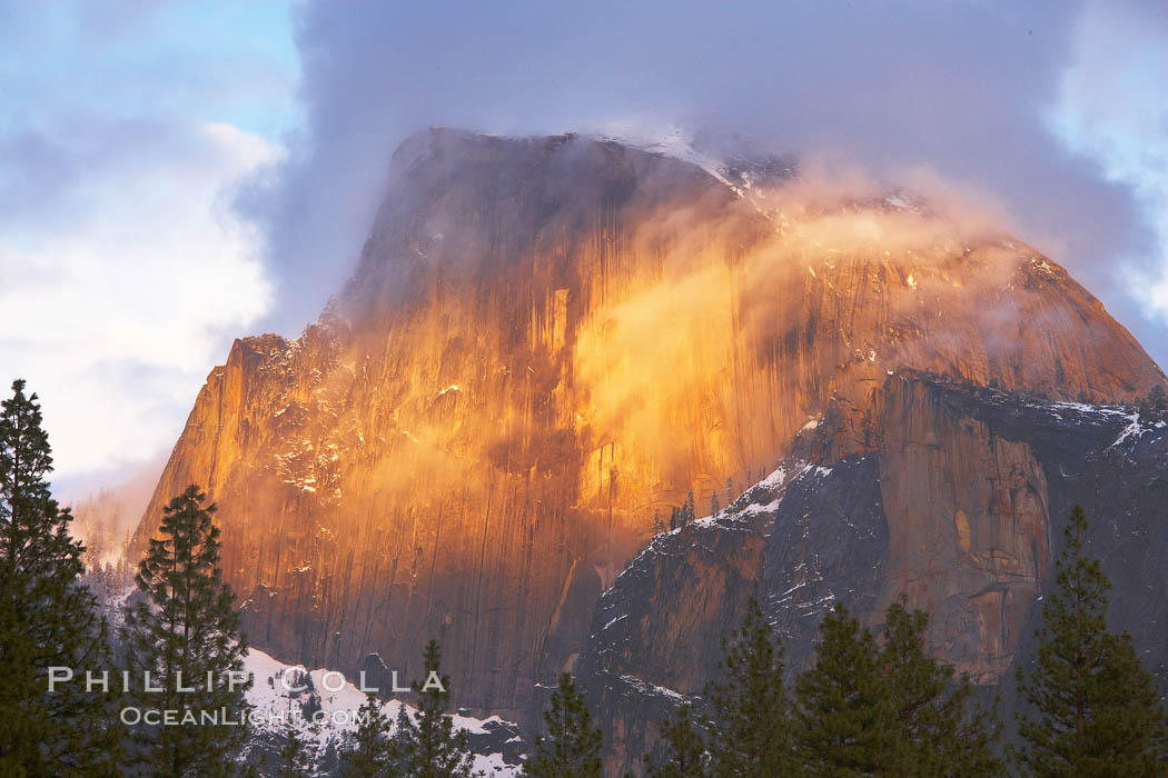 Half Dome and storm clouds at sunset, viewed from Sentinel Bridge. Yosemite National Park, California, USA, natural history stock photograph, photo id 22762