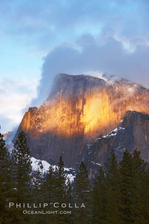 Half Dome and storm clouds at sunset, viewed from Sentinel Bridge. Yosemite National Park, California, USA, natural history stock photograph, photo id 22751