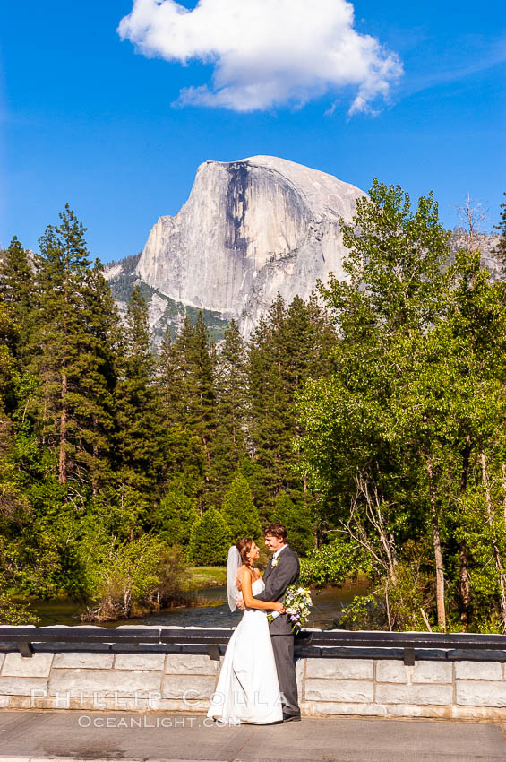 Wedding day in Yosemite Valley, with Half Dome in the background.  Yosemite National Park, Spring. California, USA, natural history stock photograph, photo id 09220