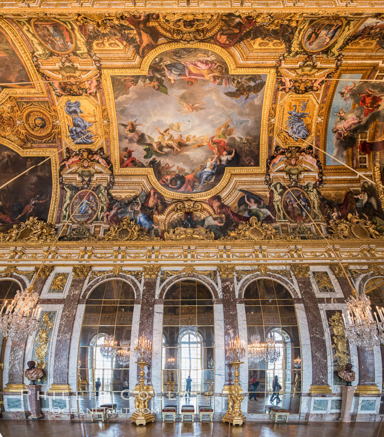 The Hall of Mirrors, or Galerie des Glaces, is the central gallery of the Palace of Versailles and is renowned as being one of the most famous rooms in the world. Chateau de Versailles, Paris, France, natural history stock photograph, photo id 28073