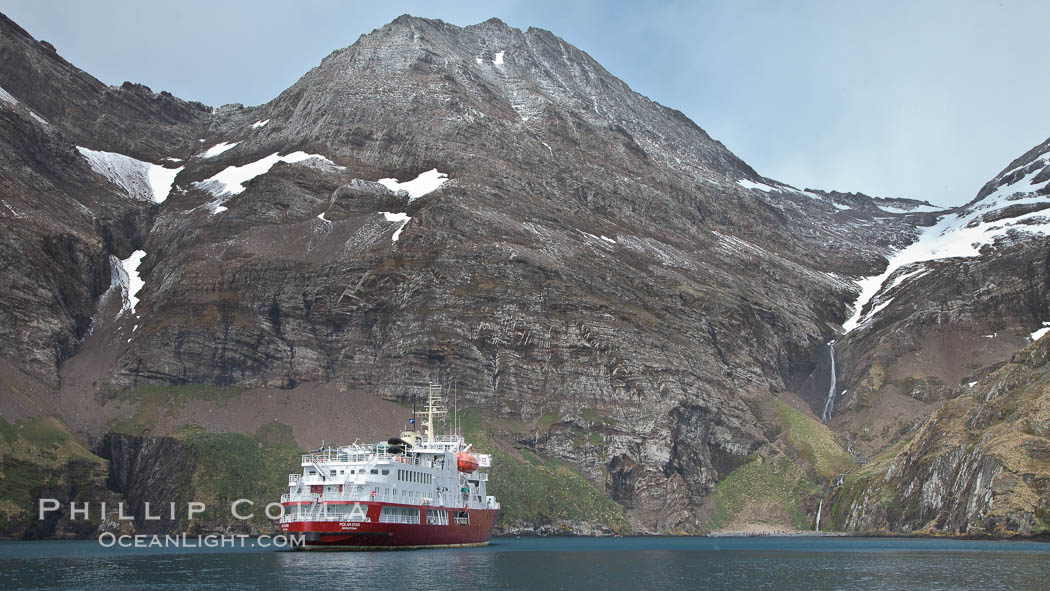 Hercules Bay, with icebreaker M/V Polar Star at anchor, below the steep mountains of South Georgia Island., natural history stock photograph, photo id 24419