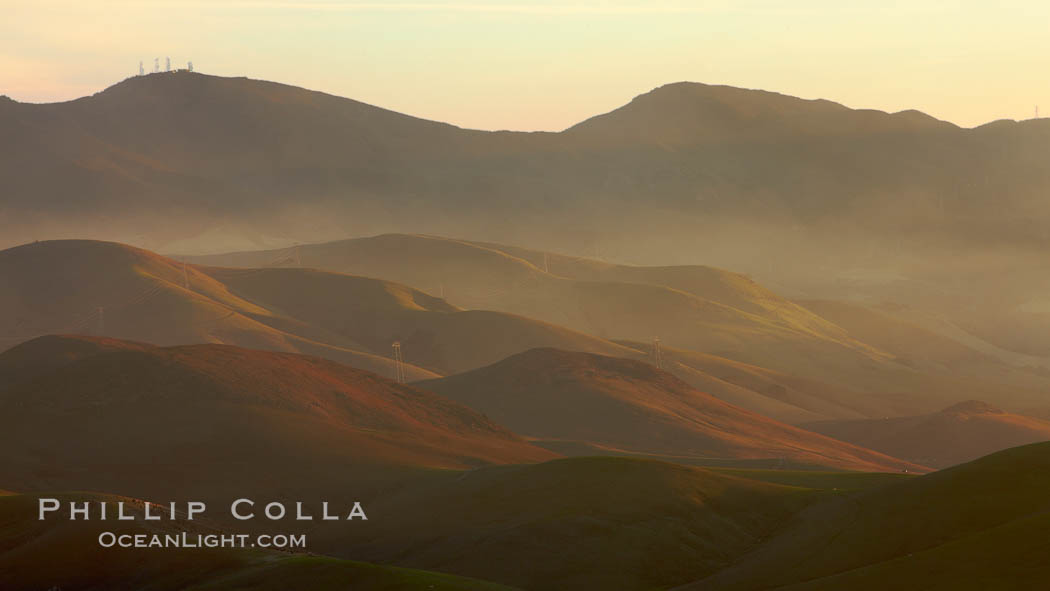 Hills between Morro Bay and Atascadero, early morning light, power transmission lines and signal attenae. California, USA, natural history stock photograph, photo id 22220