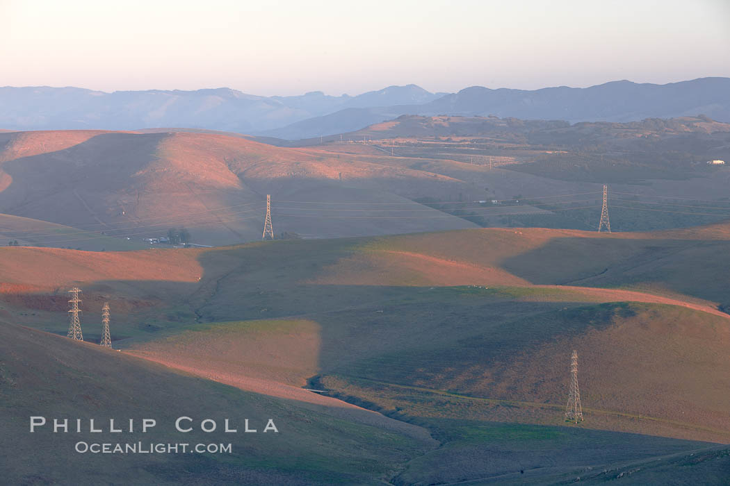 Hills between Morro Bay and Atascadero, early morning light, power transmission lines and signal attenae. California, USA, natural history stock photograph, photo id 22217