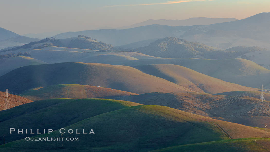 Hills between Morro Bay and Atascadero, early morning light, power transmission lines and signal attenae. California, USA, natural history stock photograph, photo id 22221