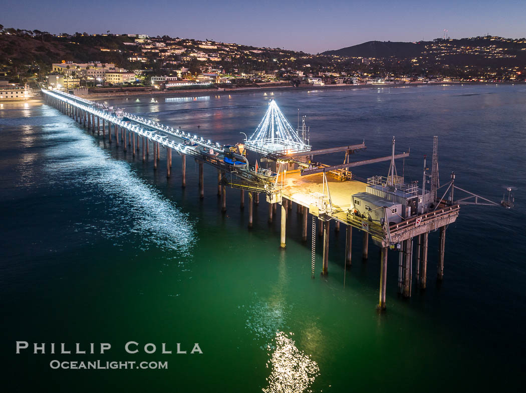 Holiday Christmas Lights on Scripps Pier,  Scripps Institution of Oceanography, sunset, aerial, La Jolla, California