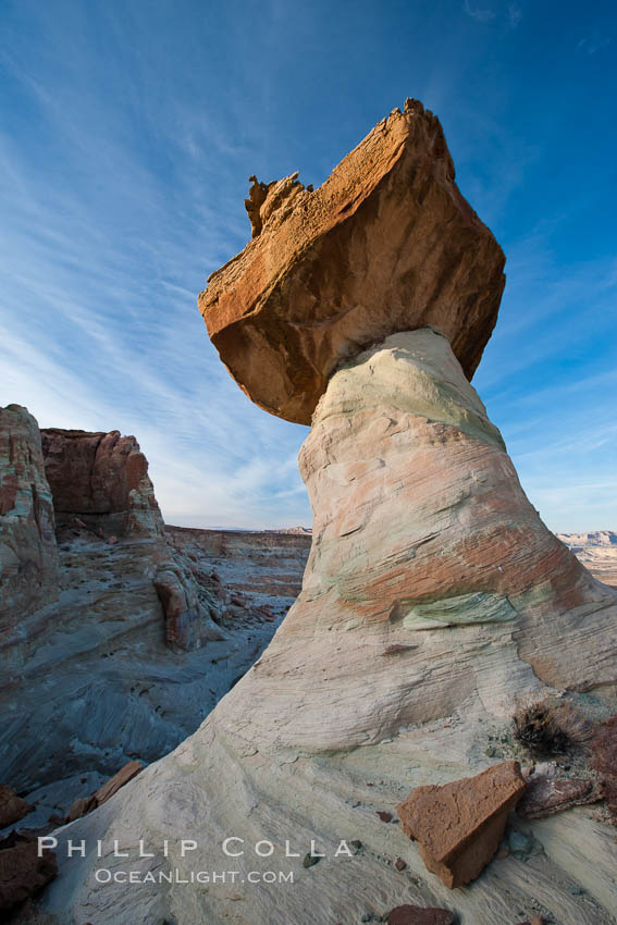 Pedestal rock, or hoodoo, at Stud Horse Point.  These hoodoos form when erosion occurs around but not underneath a more resistant caprock that sits atop of the hoodoo spire. Page, Arizona, USA, natural history stock photograph, photo id 26610