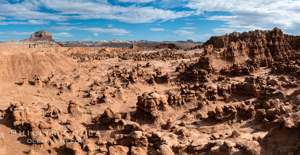 Hoodoos in Goblin Valley State Park, aerial panorama. The "goblins" are technically known as hoodoos, formed through the gradual erosion of Entrada sandstone deposited 170 millions years ago. Aerial panoramic photograph. Utah, USA, natural history stock photograph, photo id 37957
