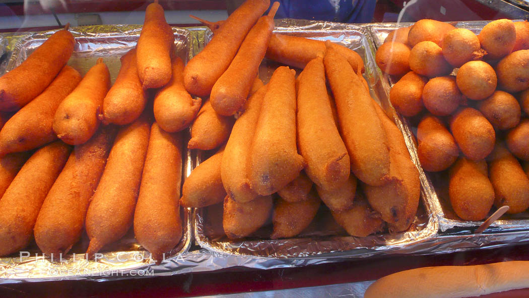 Hot Dog on a Stick, corn dog, greasy fried fatty food. Del Mar Fair, California, USA, natural history stock photograph, photo id 20859