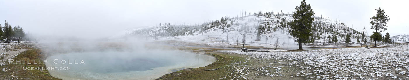 Hot Spring, steaming in cold winter air, panorama, Midway Geyser Basin. Yellowstone National Park, Wyoming, USA, natural history stock photograph, photo id 22453