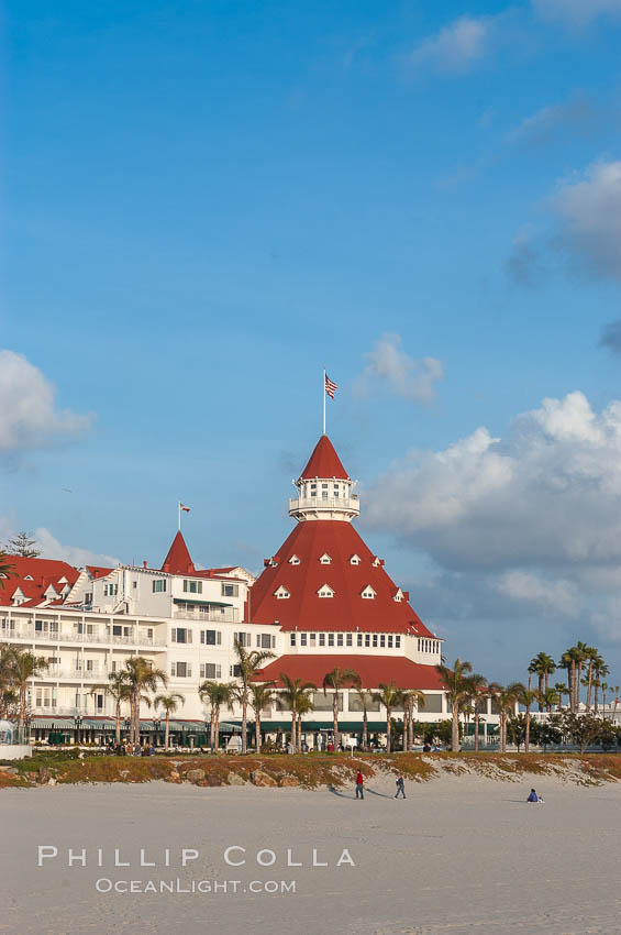 The Hotel del Coronado sits on the beach on the western edge of Coronado Island in San Diego.  It is widely considered to be one of Americas most beautiful and classic hotels.  Built in 1888, it was designated a National Historic Landmark in 1977. California, USA, natural history stock photograph, photo id 07946