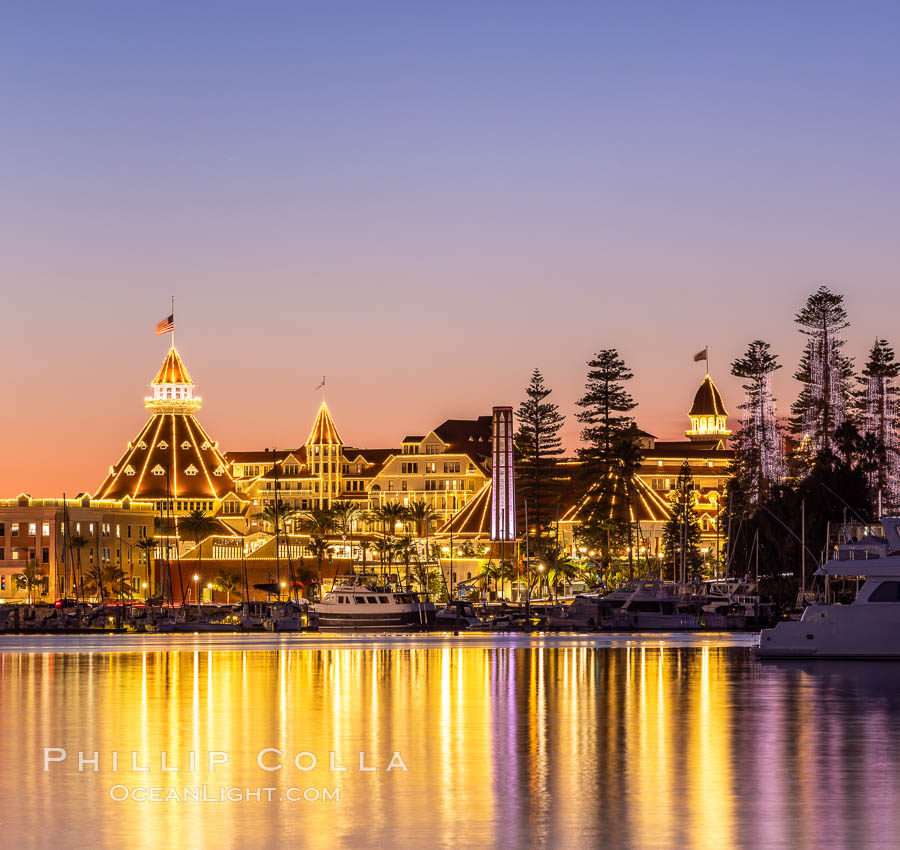 Hotel del Coronado with holiday Christmas night lights, known affectionately as the Hotel Del. It was once the largest hotel in the world, and is one of the few remaining wooden Victorian beach resorts.  The Hotel Del is widely considered to be one of Americas most beautiful and classic hotels. Built in 1888, it was designated a National Historic Landmark in 1977. California, USA, natural history stock photograph, photo id 37490