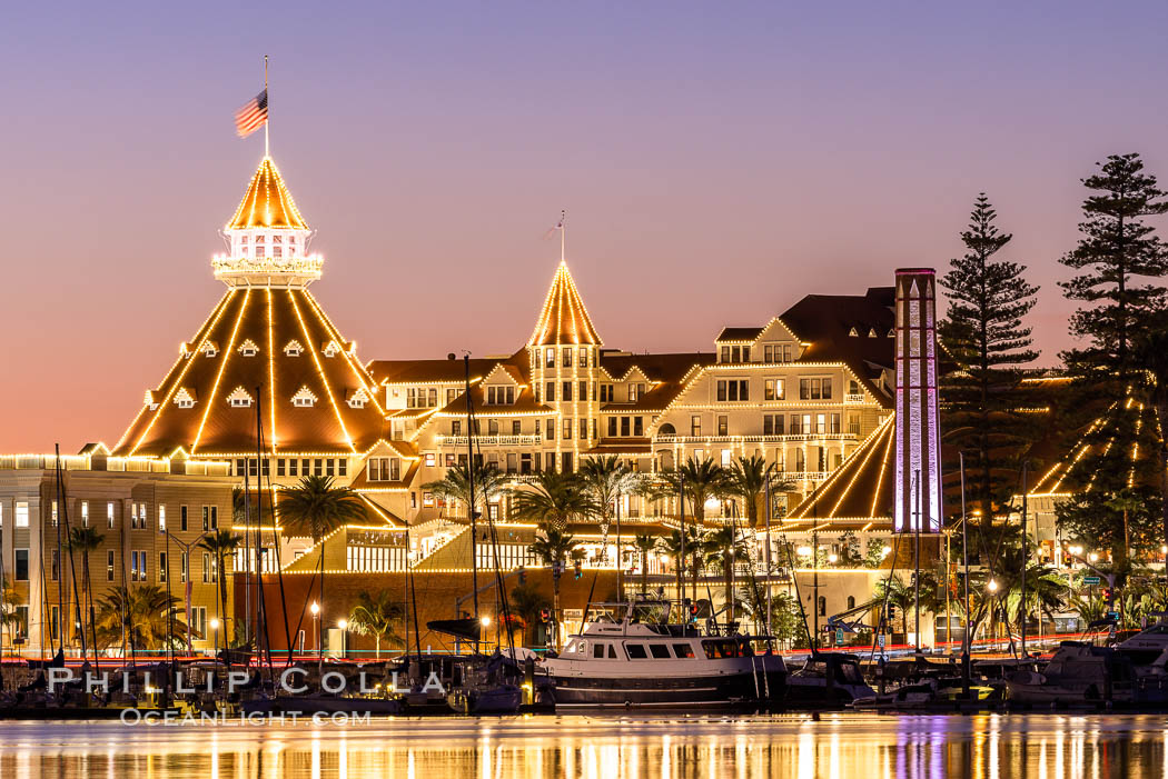 Hotel del Coronado with holiday Christmas night lights, known affectionately as the Hotel Del. It was once the largest hotel in the world, and is one of the few remaining wooden Victorian beach resorts.  The Hotel Del is widely considered to be one of Americas most beautiful and classic hotels. Built in 1888, it was designated a National Historic Landmark in 1977. California, USA, natural history stock photograph, photo id 37491