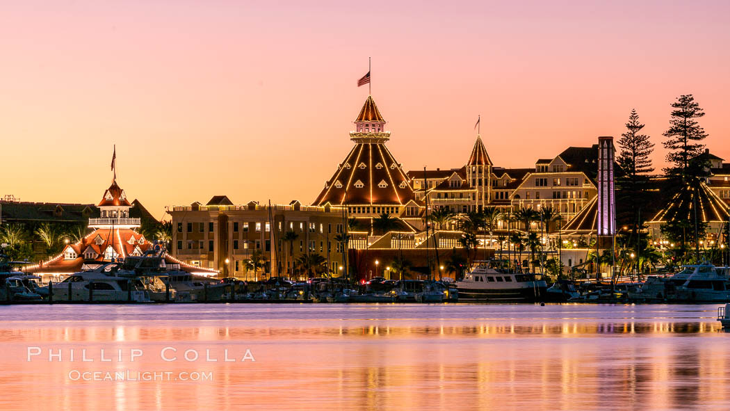 Hotel del Coronado with holiday Christmas night lights, known affectionately as the Hotel Del. It was once the largest hotel in the world, and is one of the few remaining wooden Victorian beach resorts.  The Hotel Del is widely considered to be one of Americas most beautiful and classic hotels. Built in 1888, it was designated a National Historic Landmark in 1977. California, USA, natural history stock photograph, photo id 37489