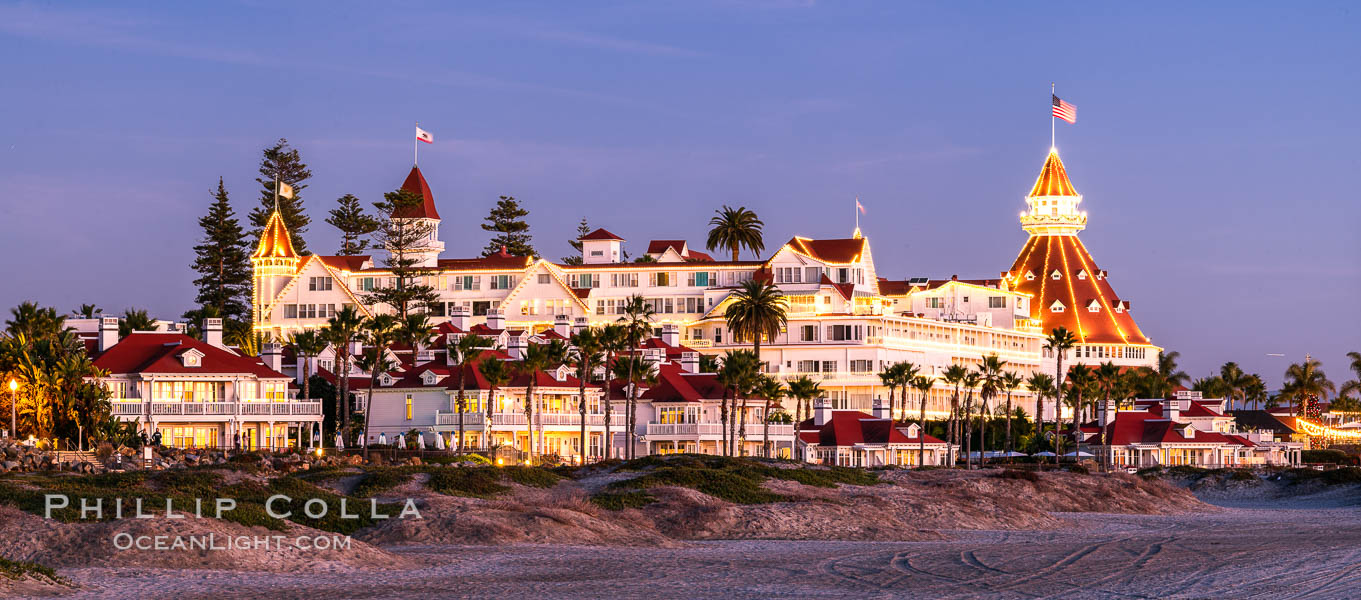 Hotel del Coronado with holiday Christmas night lights, known affectionately as the Hotel Del. It was once the largest hotel in the world, and is one of the few remaining wooden Victorian beach resorts. The Hotel Del is widely considered to be one of Americas most beautiful and classic hotels. Built in 1888, it was designated a National Historic Landmark in 1977, San Diego, California