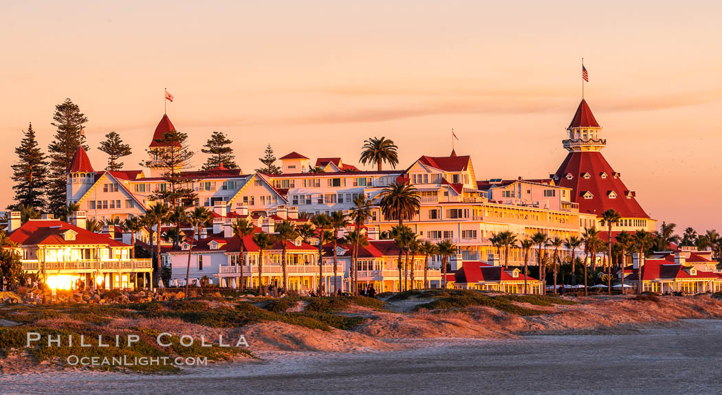 Hotel del Coronado with holiday Christmas night lights, known affectionately as the Hotel Del. It was once the largest hotel in the world, and is one of the few remaining wooden Victorian beach resorts. The Hotel Del is widely considered to be one of Americas most beautiful and classic hotels. Built in 1888, it was designated a National Historic Landmark in 1977. San Diego, California, USA, natural history stock photograph, photo id 36639