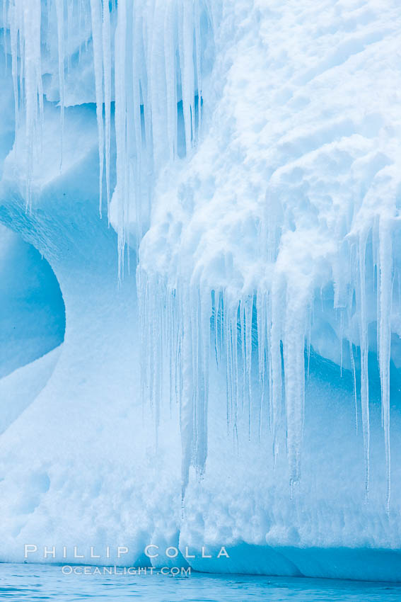 Icicles and melting ice, hanging from the edge of an blue iceberg.  Is this the result of climate change and global warming?. Brown Bluff, Antarctic Peninsula, Antarctica, natural history stock photograph, photo id 24800