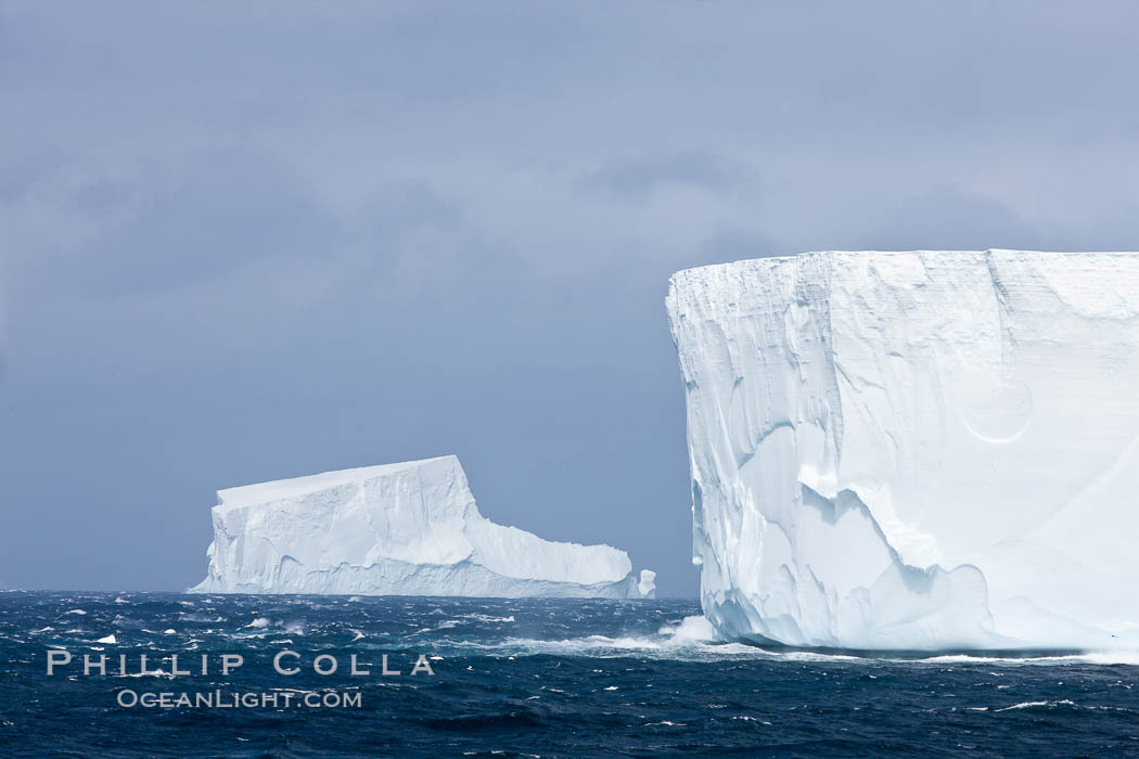 Iceberg (left) and tabular iceberg (right). Tabular icebergs can be dozens or hundreds of miles in size, have flat tops and sheer sides. Scotia Sea, Southern Ocean, natural history stock photograph, photo id 24937