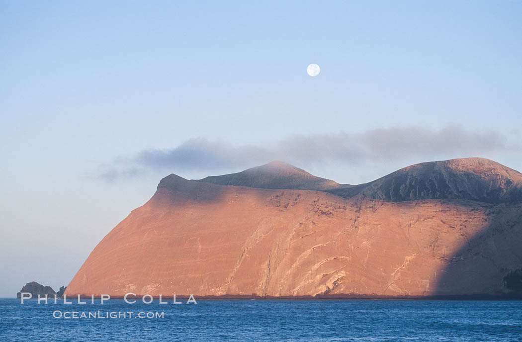 Isla Adentro and setting moon, daybreak, Guadalupe Island, Baja