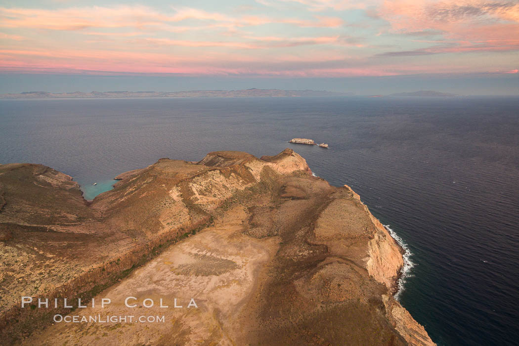 Isla Partida highlands at Sunrise, view toward Punta Maru and Los Islotes, Aerial Photo. Baja California, Mexico, natural history stock photograph, photo id 32453