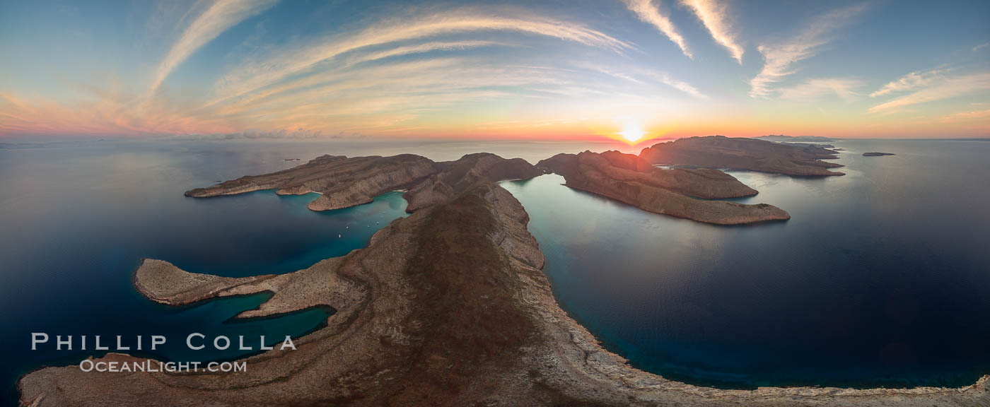 Isla Partida at Sunrise, aerial photo. Ensenada Grande on left, El Cardonal on right. Baja California, Mexico, natural history stock photograph, photo id 32405