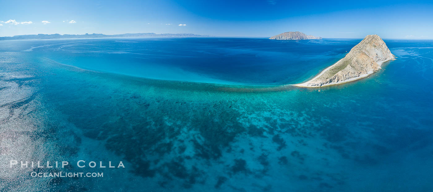 Isla San Diego and Coral Reef, reef extends from Isla San Diego to Isla San Jose,  aerial photo, Sea of Cortez, Baja California., natural history stock photograph, photo id 33698