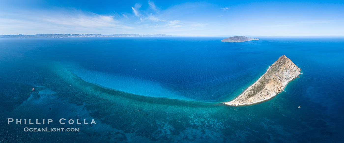 Isla San Diego and Coral Reef, reef extends from Isla San Diego to Isla San Jose,  aerial photo, Sea of Cortez, Baja California., natural history stock photograph, photo id 37328