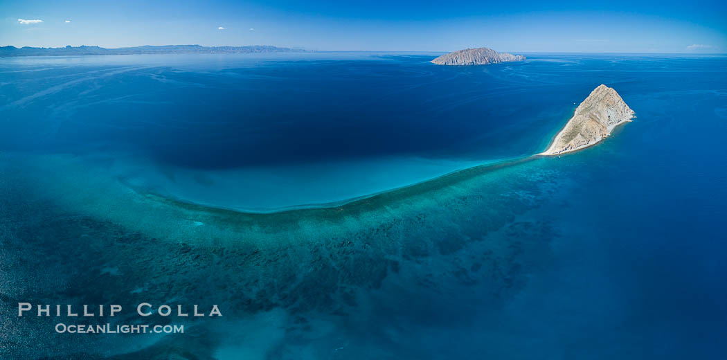 Isla San Diego and Coral Reef, reef extends from Isla San Diego to Isla San Jose,  aerial photo, Sea of Cortez, Baja California., natural history stock photograph, photo id 33699