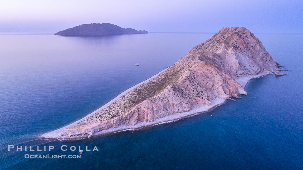 Isla San Diego and Coral Reef, reef extends from Isla San Diego to Isla San Jose,  aerial photo, Sea of Cortez, Baja California., natural history stock photograph, photo id 37363