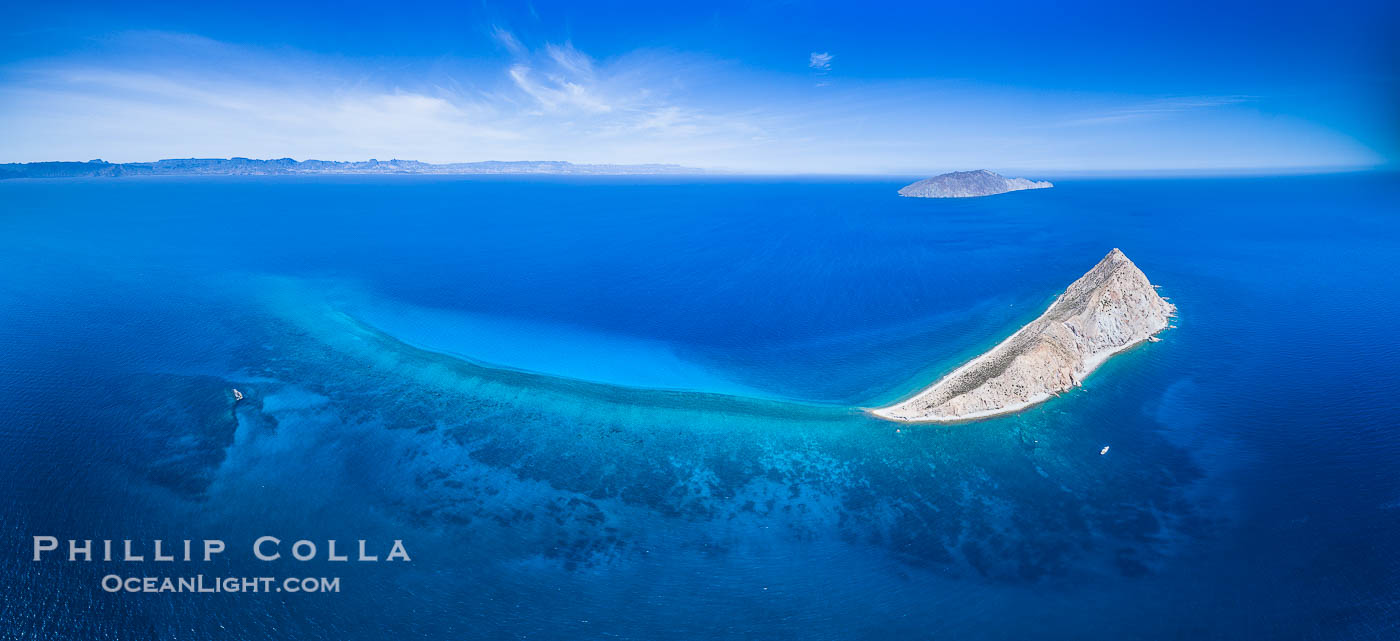Isla San Diego and Coral Reef, reef extends from Isla San Diego to Isla San Jose,  aerial photo, Sea of Cortez, Baja California., natural history stock photograph, photo id 37325