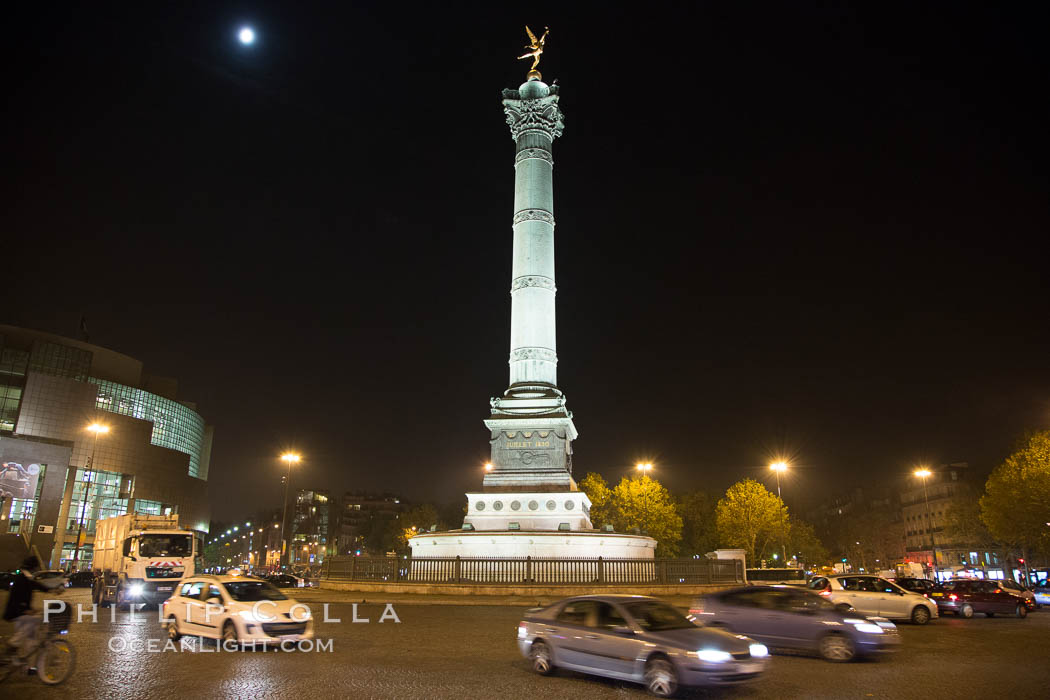 July Column in the Place de la Bastille. The Place de la Bastille is a square in Paris, where the Bastille prison stood until the 'Storming of the Bastille' and its subsequent physical destruction between 14 July 1789 and 14 July 1790 during the French Revolution. The square straddles 3 arrondissements of Paris, namely the 4th, 11th and 12th. The July Column (Colonne de Juillet) which commemorates the events of the July Revolution (1830) stands at the center of the square. France, natural history stock photograph, photo id 28249