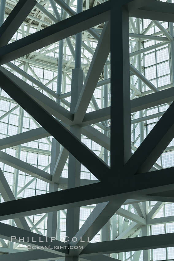 Los Angeles Convention Center, south hall, interior design exhibiting exposed space frame steel beams and glass enclosure., natural history stock photograph, photo id 29148