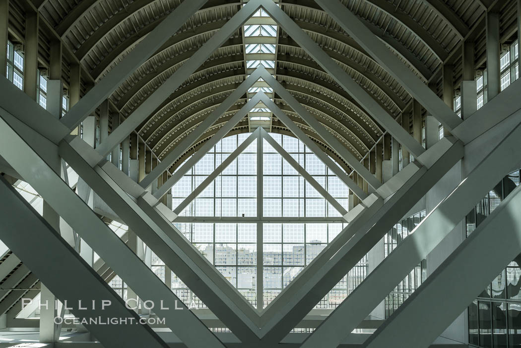 Los Angeles Convention Center, south hall, interior design exhibiting exposed space frame steel beams and glass enclosure., natural history stock photograph, photo id 29152