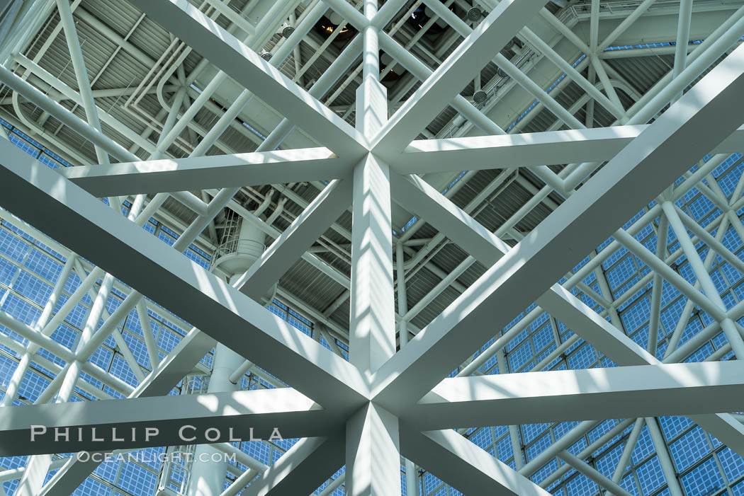 Los Angeles Convention Center, south hall, interior design exhibiting exposed space frame steel beams and glass enclosure., natural history stock photograph, photo id 29147