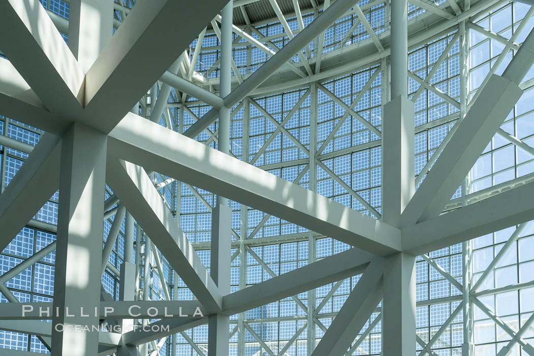 Los Angeles Convention Center, south hall, interior design exhibiting exposed space frame steel beams and glass enclosure., natural history stock photograph, photo id 29151