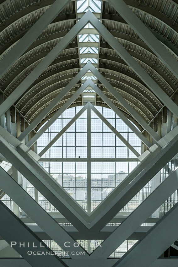 Los Angeles Convention Center, south hall, interior design exhibiting exposed space frame steel beams and glass enclosure., natural history stock photograph, photo id 29153