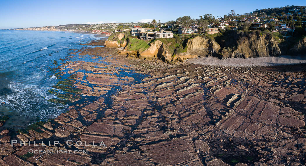 La Jolla Bay submarine reef system on extreme low King Tide, south of La Jolla Shores, aerial panoramic photo