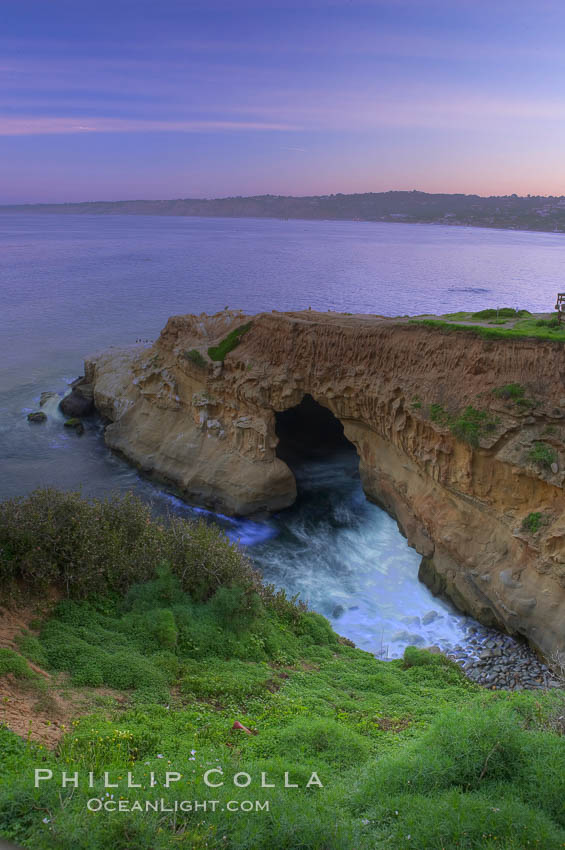 A large natural sea cave lies below a sandstone bluff in La Jolla at sunrise with a pink sky, Black's Beach in the distant. California, USA, natural history stock photograph, photo id 20252