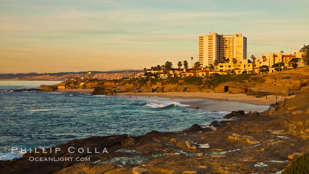 La Jolla Coast Boulevard at sunset, ocean and sea bluffs. California, USA, natural history stock photograph, photo id 26425