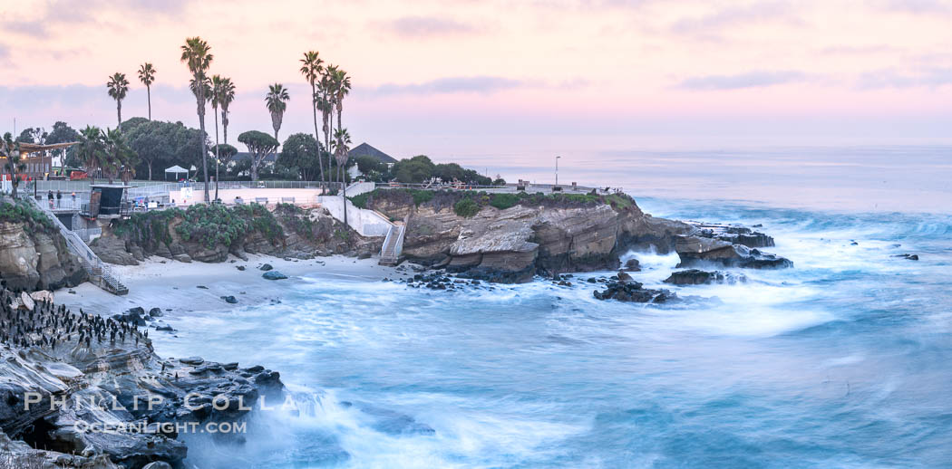 La Jolla Cove and Point La Jolla at Dawn, waves blur into abstract white, pre-sunrise soft light. California, USA, natural history stock photograph, photo id 38916